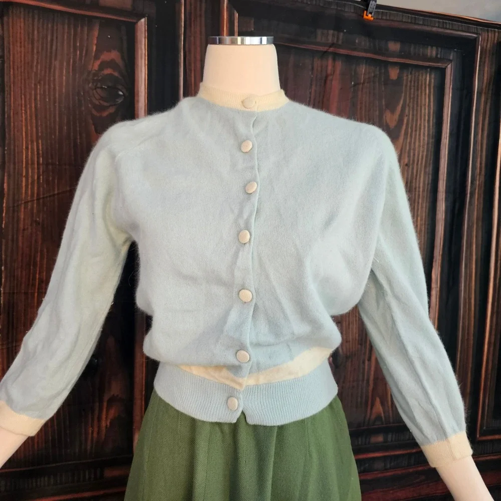 Vintage 1950s Elliot Import Angora Lambswool Cardigan Blue Cream Buttons Pinup